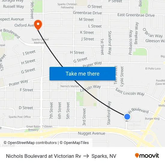 Nichols Boulevard at Victorian Rv to Sparks, NV map