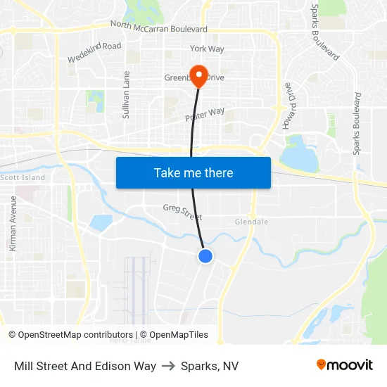 Mill Street And Edison Way to Sparks, NV map