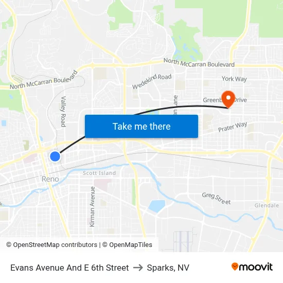 Evans Avenue And E 6th Street to Sparks, NV map