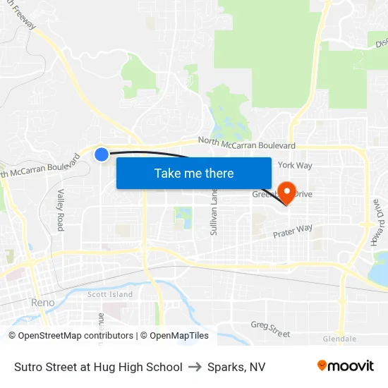 Sutro Street at Hug High School to Sparks, NV map