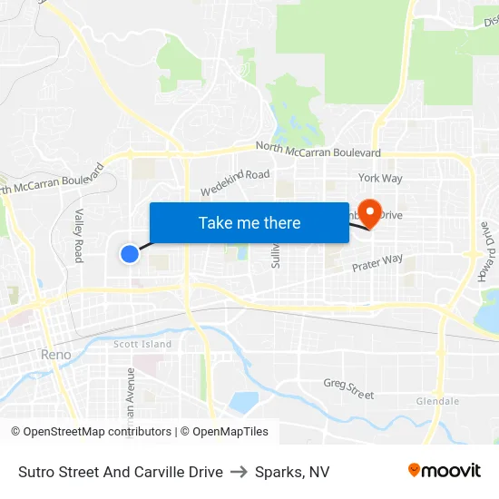 Sutro Street And Carville Drive to Sparks, NV map