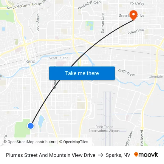 Plumas Street And Mountain View Drive to Sparks, NV map