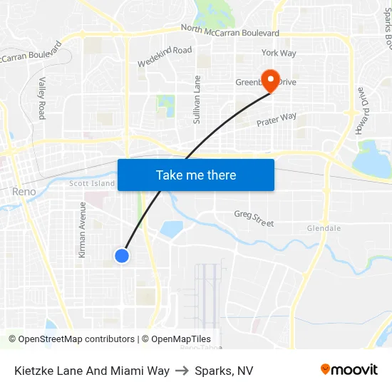 Kietzke Lane And Miami Way to Sparks, NV map