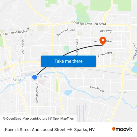 Kuenzli Street And Locust Street to Sparks, NV map