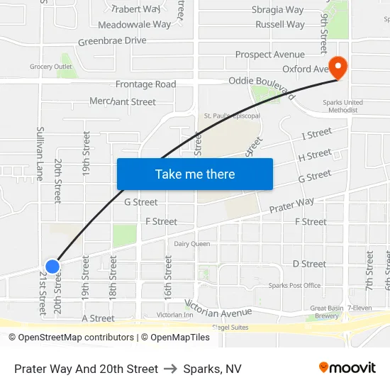 Prater Way And 20th Street to Sparks, NV map