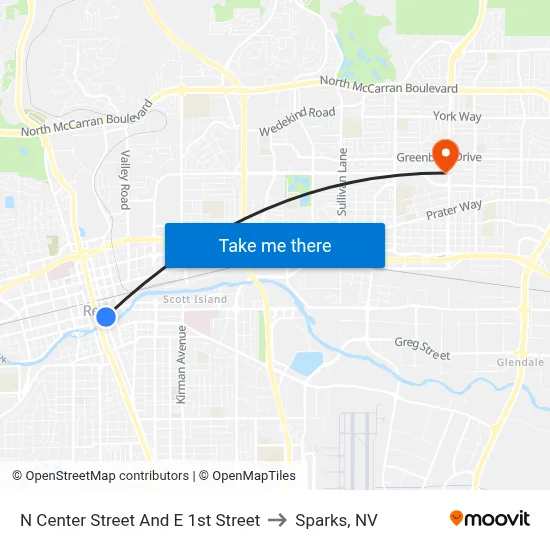 N Center Street And E 1st Street to Sparks, NV map