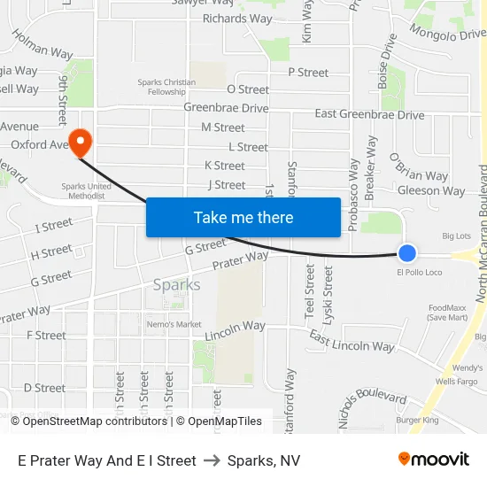 E Prater Way And E I Street to Sparks, NV map