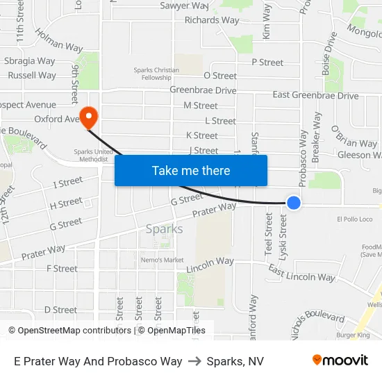 E Prater Way And Probasco Way to Sparks, NV map