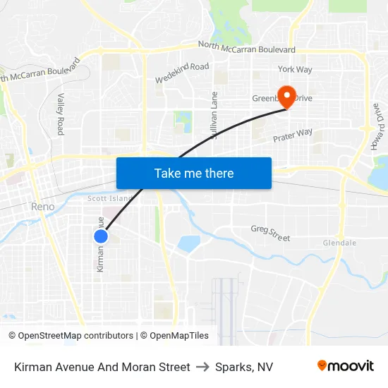 Kirman Avenue And Moran Street to Sparks, NV map