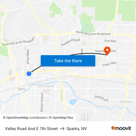 Valley Road And E 7th Street to Sparks, NV map