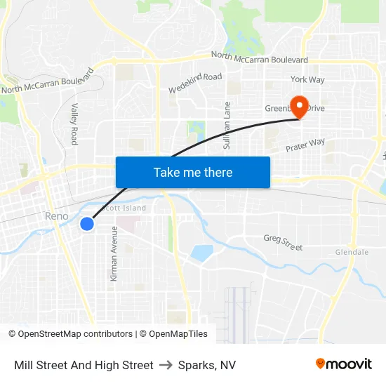 Mill Street And High Street to Sparks, NV map