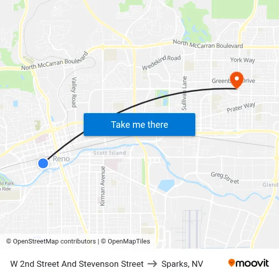 W 2nd Street And Stevenson Street to Sparks, NV map