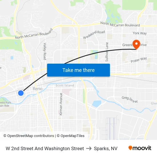 W 2nd Street And Washington Street to Sparks, NV map