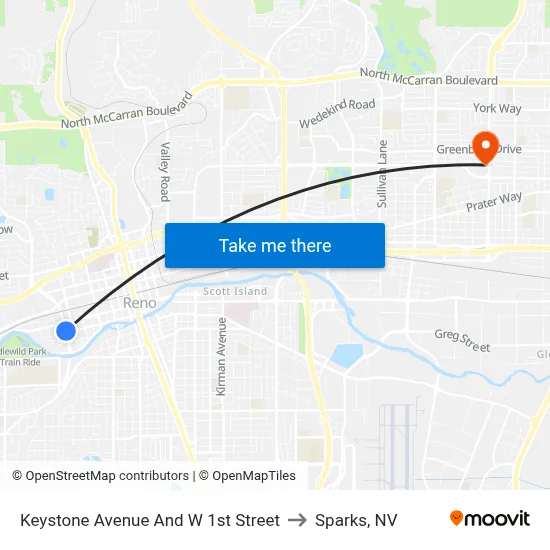 Keystone Avenue And W 1st Street to Sparks, NV map