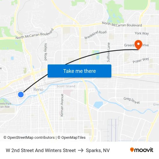W 2nd Street And Winters Street to Sparks, NV map
