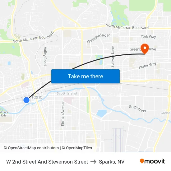 W 2nd Street And Stevenson Street to Sparks, NV map