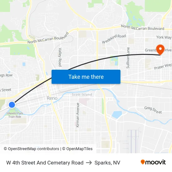 W 4th Street And Cemetary Road to Sparks, NV map