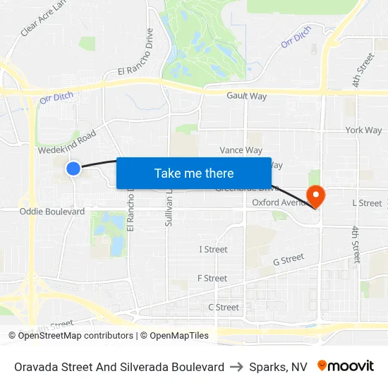 Oravada Street And Silverada Boulevard to Sparks, NV map