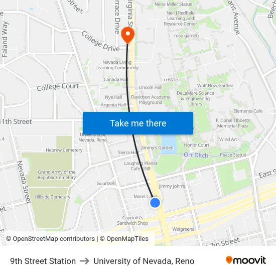9th Street Station to University of Nevada, Reno map
