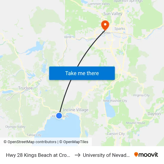 Hwy 28 Kings Beach at Crown Motel to University of Nevada, Reno map