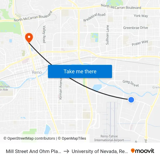 Mill Street And Ohm Place to University of Nevada, Reno map