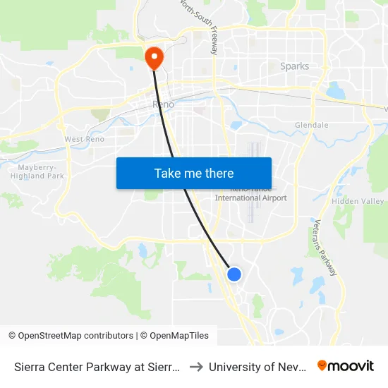 Sierra Center Parkway at Sierra Town Center to University of Nevada, Reno map