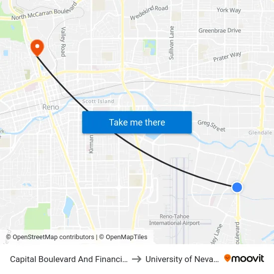 Capital Boulevard And Financial Boulevard to University of Nevada, Reno map