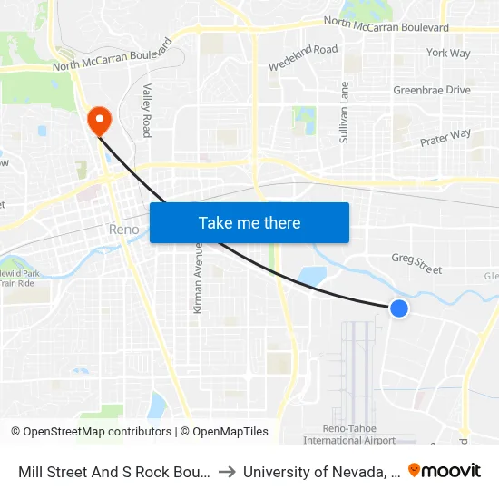 Mill Street And S Rock Boulevard to University of Nevada, Reno map