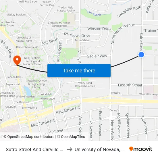 Sutro Street And Carville Drive to University of Nevada, Reno map