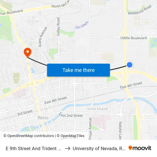 E 9th Street And Trident Way to University of Nevada, Reno map