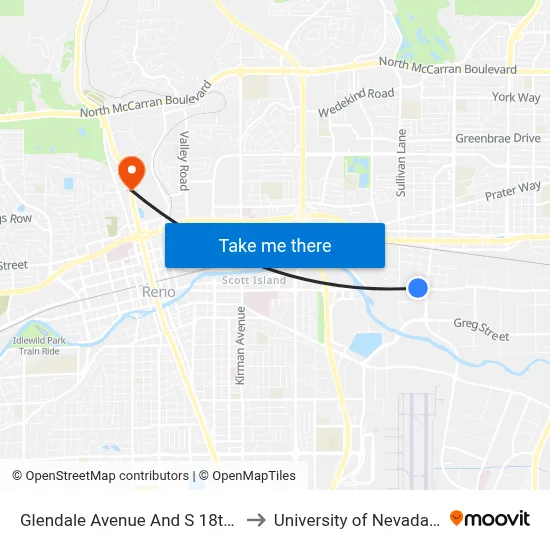 Glendale Avenue And S 18th Street to University of Nevada, Reno map