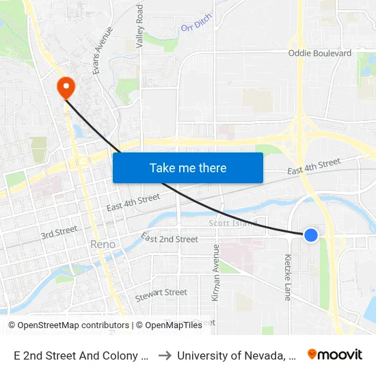 E 2nd Street And Colony Road to University of Nevada, Reno map