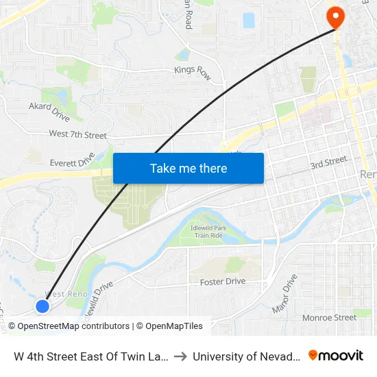 W 4th Street East Of Twin Lakes Drive to University of Nevada, Reno map