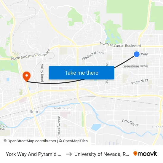 York Way And Pyramid Way to University of Nevada, Reno map