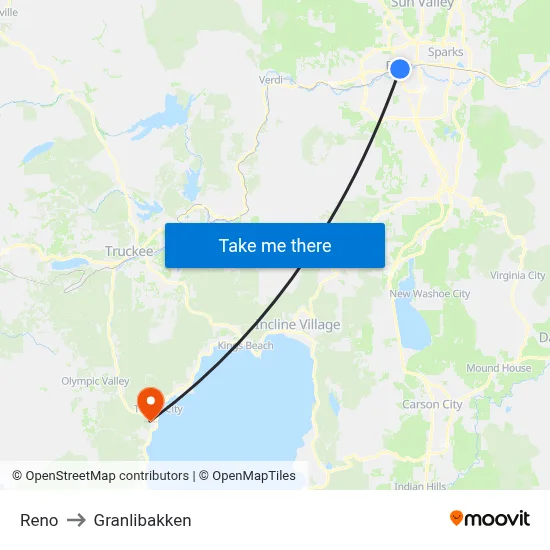 Reno to Granlibakken map