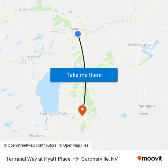 Terminal Way at Hyatt Place to Gardnerville, NV map