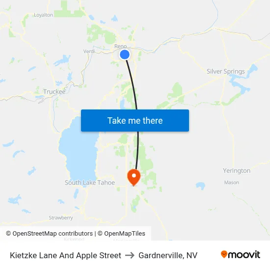 Kietzke Lane And Apple Street to Gardnerville, NV map