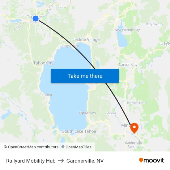 Railyard Mobility Hub to Gardnerville, NV map