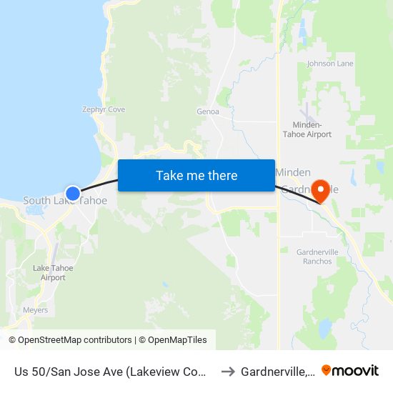 Us 50/San Jose Ave (Lakeview Commons) to Gardnerville, NV map