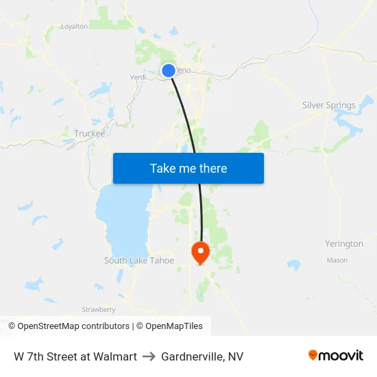 W 7th Street at Walmart to Gardnerville, NV map