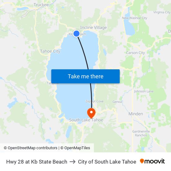 Hwy 28 at Kb State Beach to City of South Lake Tahoe map