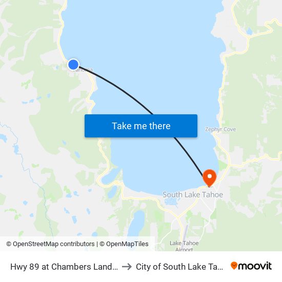 Hwy 89 at Chambers Landing to City of South Lake Tahoe map