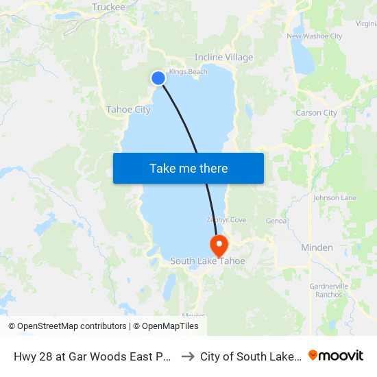 Hwy 28 at Gar Woods East Parking Lot to City of South Lake Tahoe map