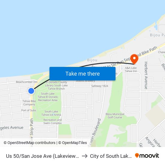 Us 50/San Jose Ave (Lakeview Commons) to City of South Lake Tahoe map