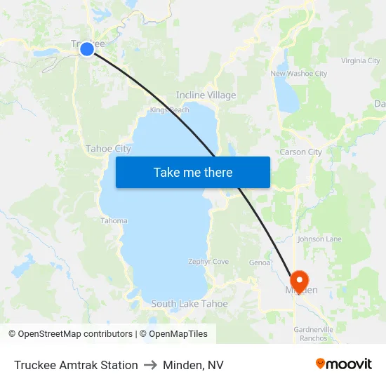 Truckee Amtrak Station to Minden, NV map
