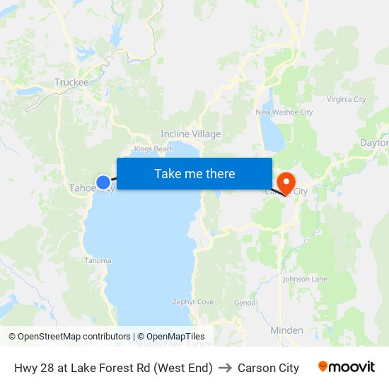 Hwy 28 at Lake Forest Rd (West End) to Carson City map
