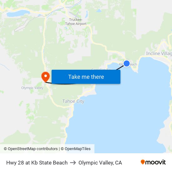 Hwy 28 at Kb State Beach to Olympic Valley, CA map