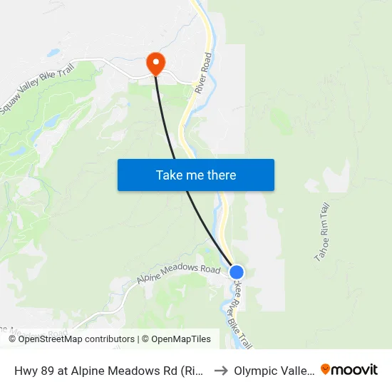 Hwy 89 at Alpine Meadows Rd (River Ranch) to Olympic Valley, CA map