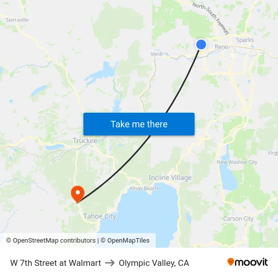 W 7th Street at Walmart to Olympic Valley, CA map
