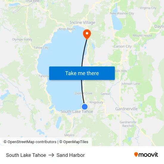 South Lake Tahoe to Sand Harbor map